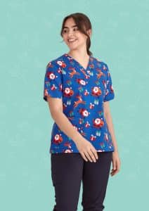 Womens Christmas V-Neck Short Sleeve Scrub Top