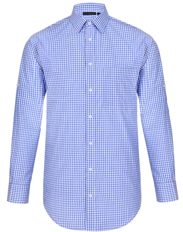 Men’s Gingham Check Long Sleeve Shirt with Roll-up Tab Sleeve - Image 3