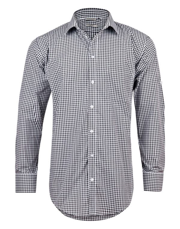 Men’s Gingham Check Long Sleeve Shirt with Roll-up Tab Sleeve - Image 5